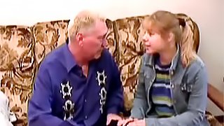 Innocent Blonde Teen Sucks and Fucks an Old Man's Cock On a Couch