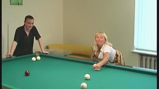 He beats the big tits milf at pool and gets to fuck her as his prize